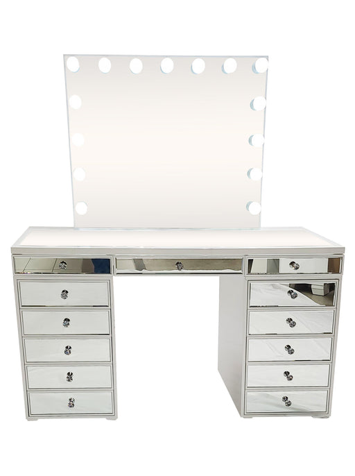 Diva White Mirrored Large Vanity Table + Mirror with Storage and Bluetooth By Glamv Vanity Set Diva By Furniture City Furniture City (CA)l