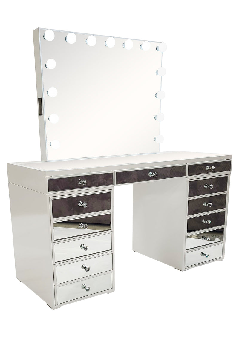 Diva White Mirrored Large Vanity Table + Mirror with Storage and Bluetooth By Glamv Vanity Set Diva By Furniture City Furniture City (CA)l