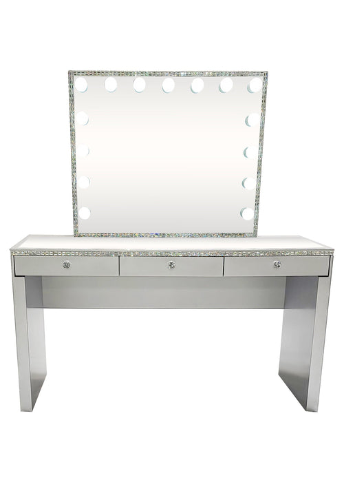Diva Silver Crystal Large Vanity Table + Mirror with Storage and Bluetooth By Furniture City Vanities Diva By Furniture City Furniture City (CA)l