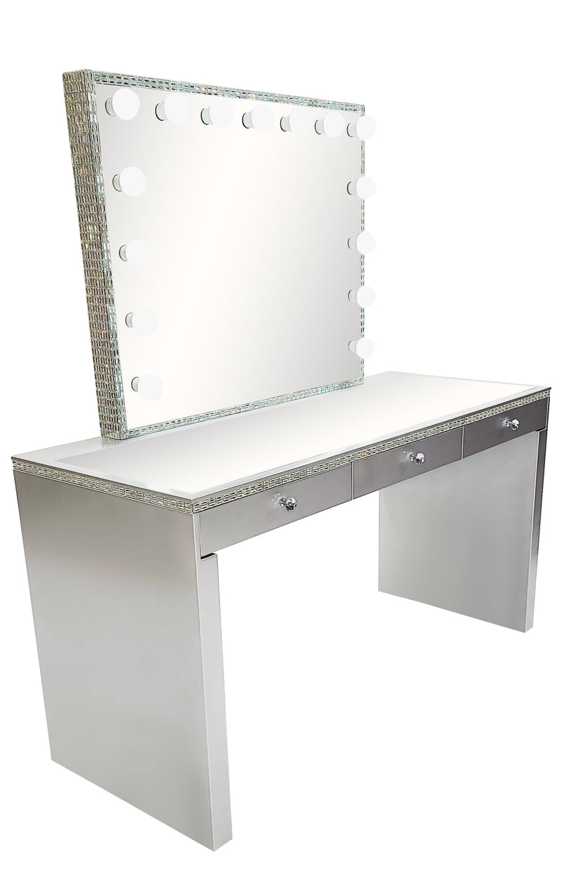 Diva Silver Crystal Large Vanity Table + Mirror with Storage and Bluetooth By Furniture City Vanities Diva By Furniture City Furniture City (CA)l