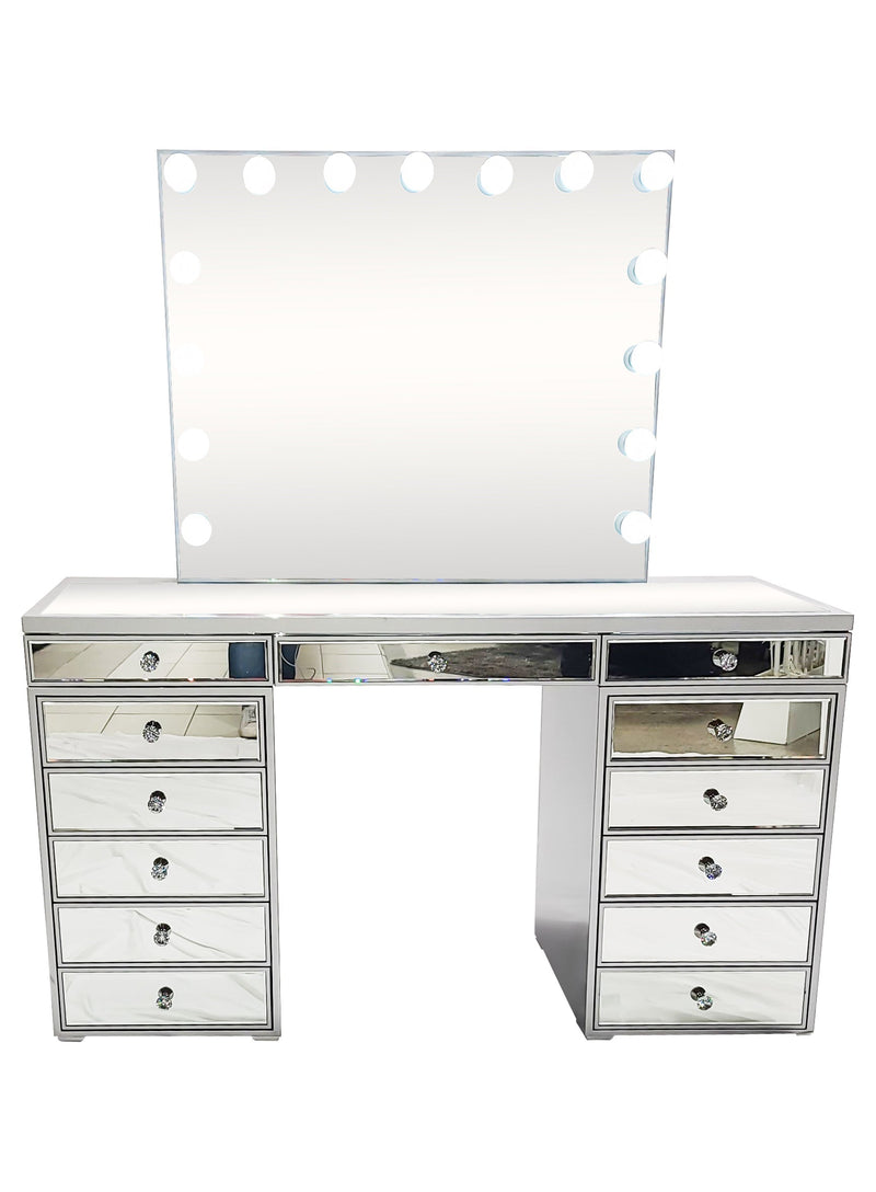 Diva Silver Mirrored Large Vanity Table + Mirror with Storage and Bluetooth By Furniture City  Diva By Furniture City Furniture City (CA)l