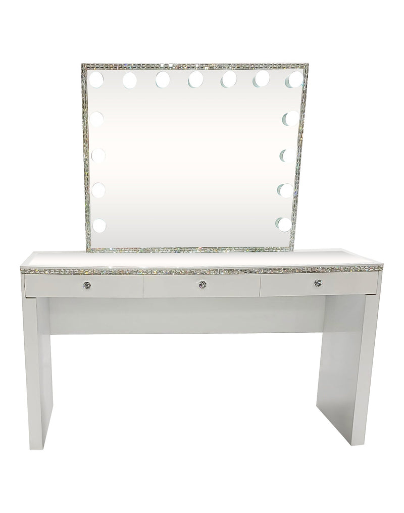 Diva White Silver Diamond Large Vanity Table + Mirror and Bluetooth By Furniture City  Diva By Furniture City Furniture City (CA)l
