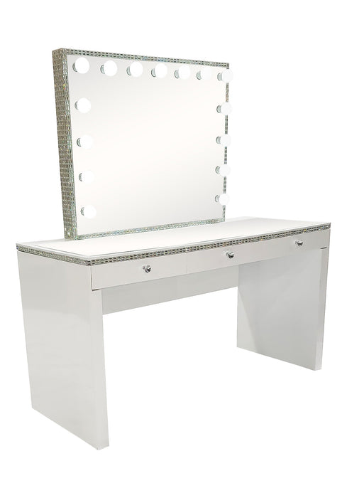Diva White Silver Diamond Large Vanity Table + Mirror and Bluetooth By Furniture City  Diva By Furniture City Furniture City (CA)l