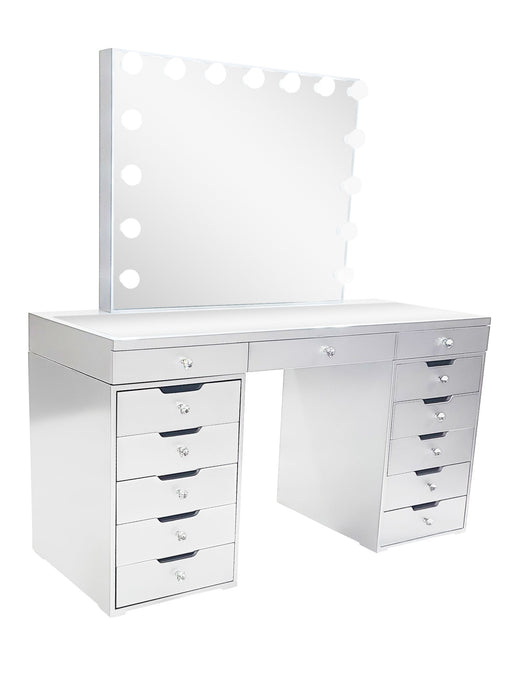 Jooli H White Dressing Table Set with Hollywood LED Lights Mirror, Vanity  Makeup Table 2 Large Drawers and Stool