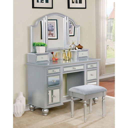 Diva Silver Large Vanity Table + Mirror with Storage and Bluetooth By  Furniture City - Furniture City