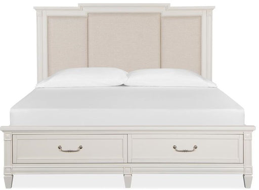 Magnussen Furniture Willowbrook King Storage Bed with Upholstered Headboard in Egg Shell White Bed Furniture City Furniture City (CA)l